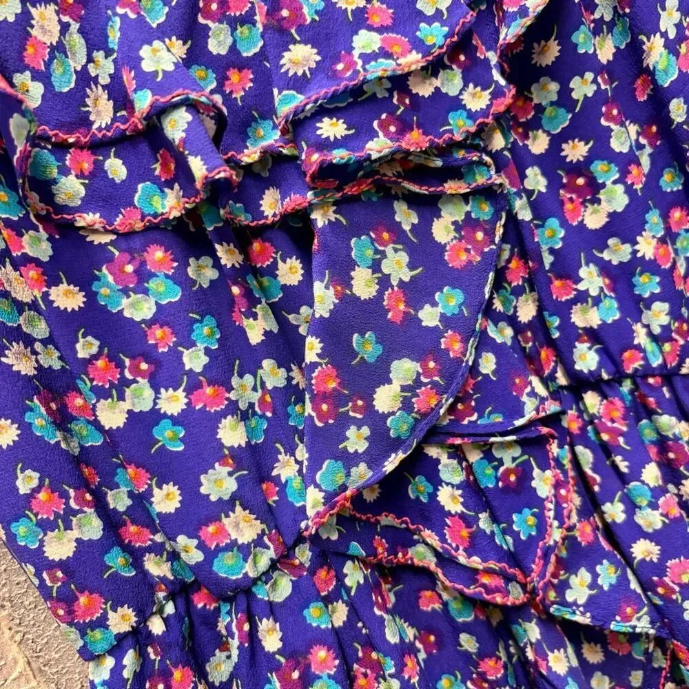 Rebecca Taylor 8 Blue Pink Floral Silk Spaghetti Strap Dress Preppy Luxury Artsy